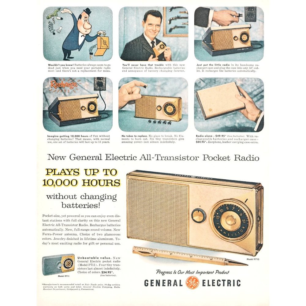 1957 GE General Electric Pocket Transistor Radio Vintage Print Ad Wall Art 10x13
